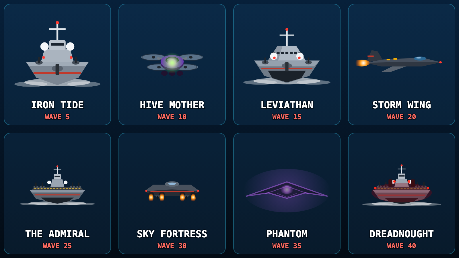 USV Attack bosses: Iron Tide, Hive Mother, Leviathan, Storm Wing, The Admiral, Sky Fortress, Phantom and Dreadnought