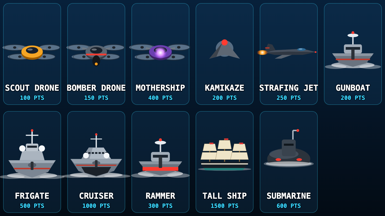 USV Attack enemy roster: drones, jets, gunboats, frigates and cruisers
